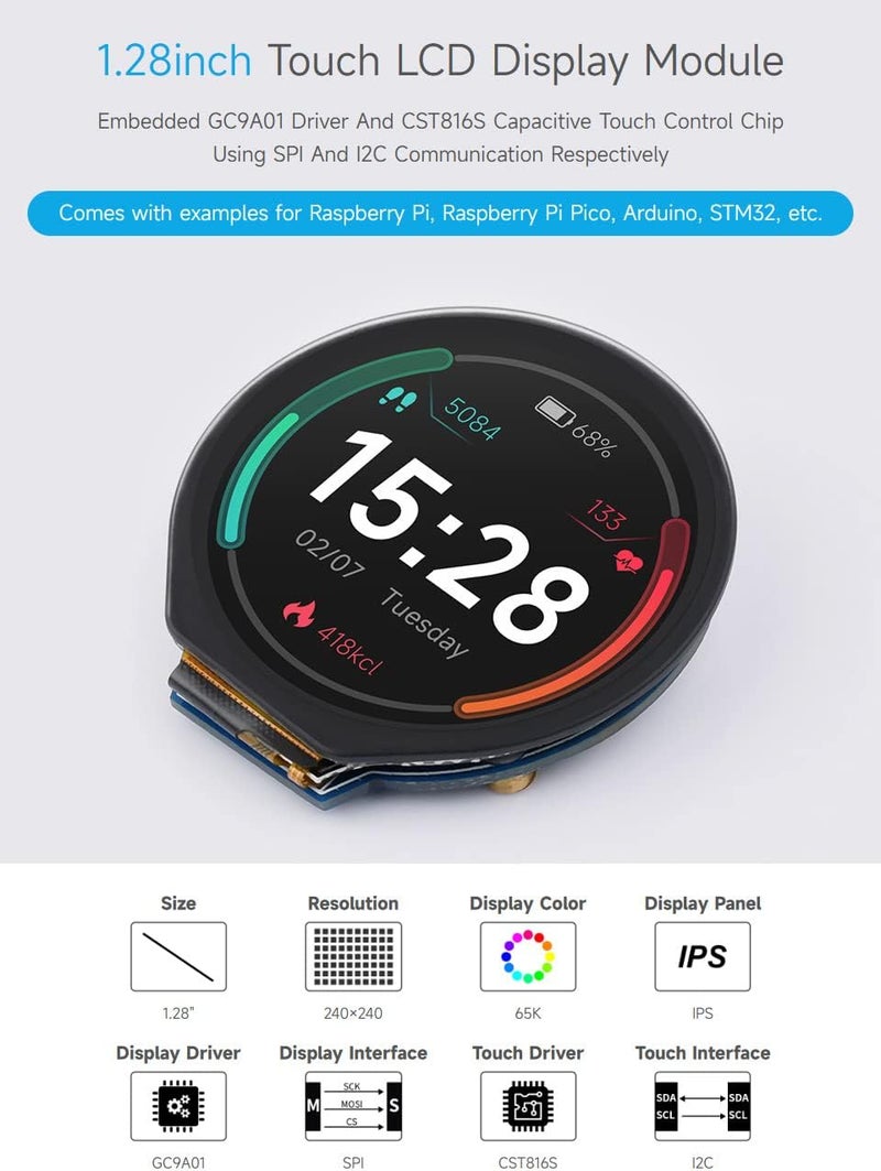 Waveshare 1.28inch Round LCD Display Module with Touch Panel, 240×240 Resolution, IPS, SPI and I2C Communication, Compatible with Raspberry Pi 5/4B/3B/Zero/Zero W/Zero 2W/Pico/Pico W/Pico WH - Image 5
